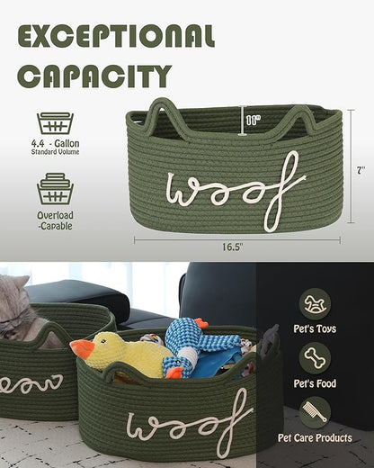 Sea Team Dog Toy Basket with Handles, 16.5 x 11 x 7 Inches, 4.4 Gallons Large Cotton Rope Storage Bin, Box, Shelf Organizer for Pet Chew Toys, Foods, Green Woof