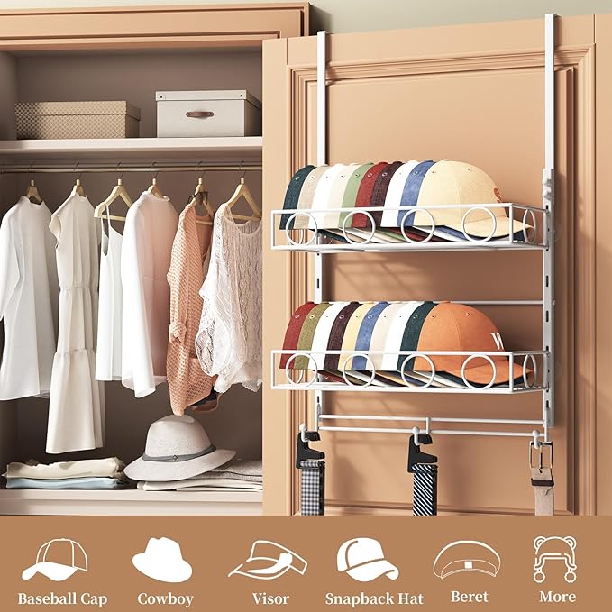 Over Door Hat Organizer 3 Tier Wall Mounted Hat Rack with 2 Adjustable Metal Basket and 3 Hooks Hat Organizer for Baseball caps Hat Hanger Holder Display for Door Closet, Cap Organizer Storage