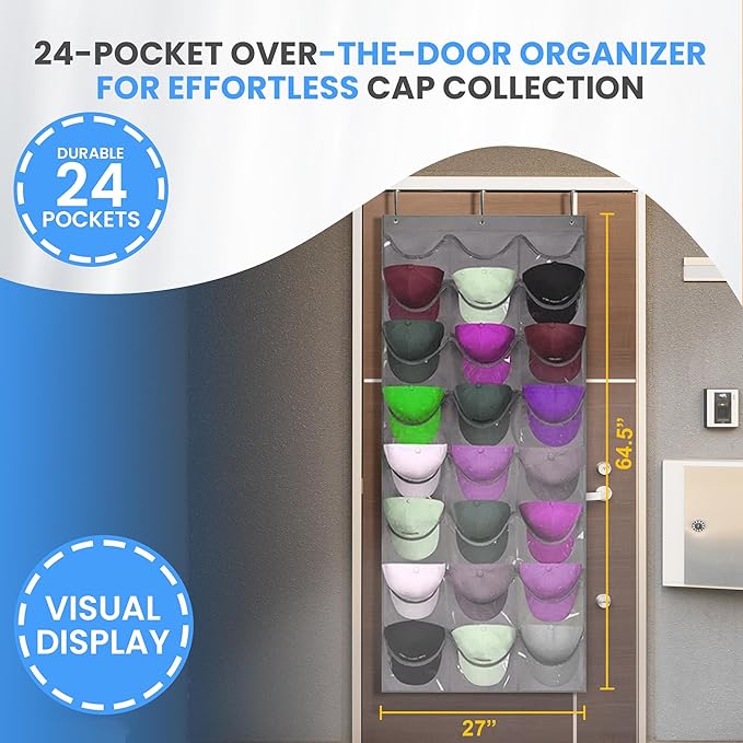 Hat Rack Premium Quality, Organizer for Wall or Door, 24 Clear Deep Pockets, Storage for Caps, Hooks Included, Large Pockets for Multiple Baseball, Golf, and Sports Caps Organization, grey