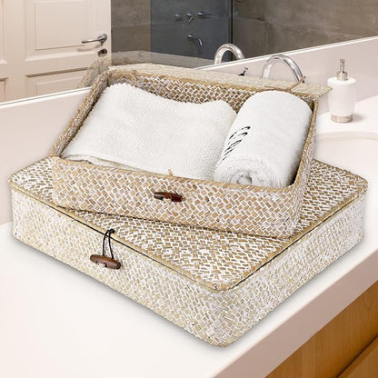 Hipiwe Set of 2 Flat Woven Wicker Storage Bins with Lid Natural Seagrass Basket Boxes Multipurpose Home Organizer Bins Boxes for Shelf Organizer (Whitewash)