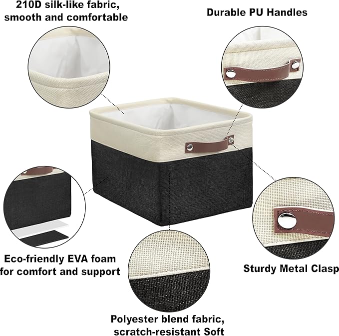 Simple Houseware 15" x 11" Large Fabric Storage Bin for Closet and Shelves, Leather Like Handles, 3 Pack, Black