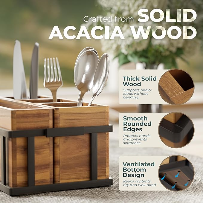 Acacia Silverware Caddy for Parties, Utensil Caddy with Paper Plate Dispenser, 4-Compartment Cutlery Flatware Organizer for Spoons, Forks, Napkins - Black Painted Wood Frame