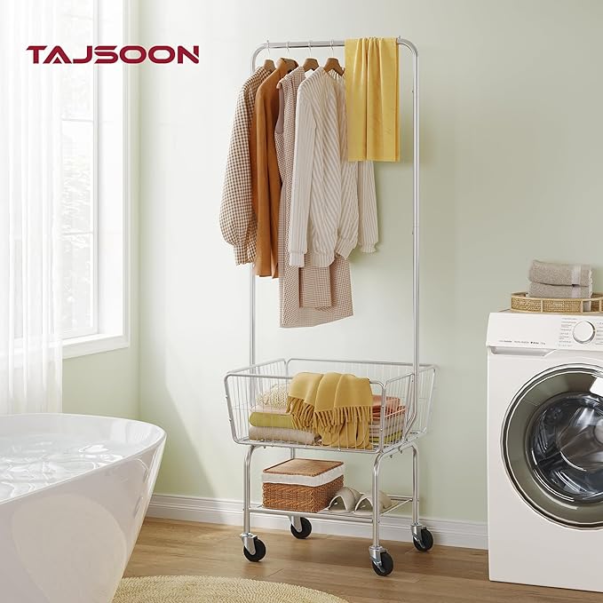Tajsoon Laundry Cart with Hanging Rack, Metal Rolling Laundry Cart with Wheels and Storage Basket, Silver