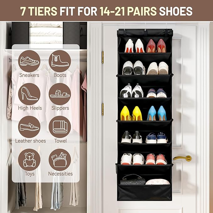 7 Tier Over The Door Shoe Organizer, Hanging Shoe Rack for Closet with Dustproof Mesh Curtain & 6 Side Pockets, Behind The Door Narrow Shoe Holder Hanger for Sneakers, Boots (Black)
