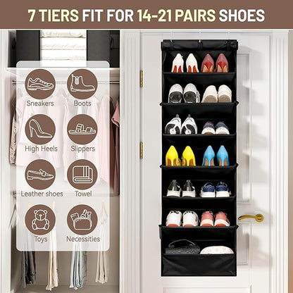 7 Tier Over The Door Shoe Organizer, Hanging Shoe Rack for Closet with Dustproof Mesh Curtain & 6 Side Pockets, Behind The Door Narrow Shoe Holder Hanger for Sneakers, Boots (Black)