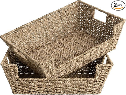 StorageWorks Seagrass Baskets for Organizing with Built-in Handles, Stackable Wicker Pantry Baskets for Shelf, Pantry Organizers and Storage for Shelves,2-Pack