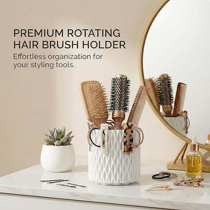 Makeup Brush Holder Organizer, 360° Rotating 5-Slot Make up Brushes Cup for Cosmetic, Lipstick, Hair Brush Holder - Spinning Vanity Countertop Caddy for Bathroom, Dorm & Office, White