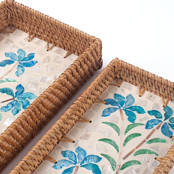 2 Pack Rattan Bathroom Vanity Tray with Mother of Pearl Inlay, Toilet Tank Tray, Toilet Basket Tank Topper, Bathroom Basket for Organizing and Decor (Narcissus)