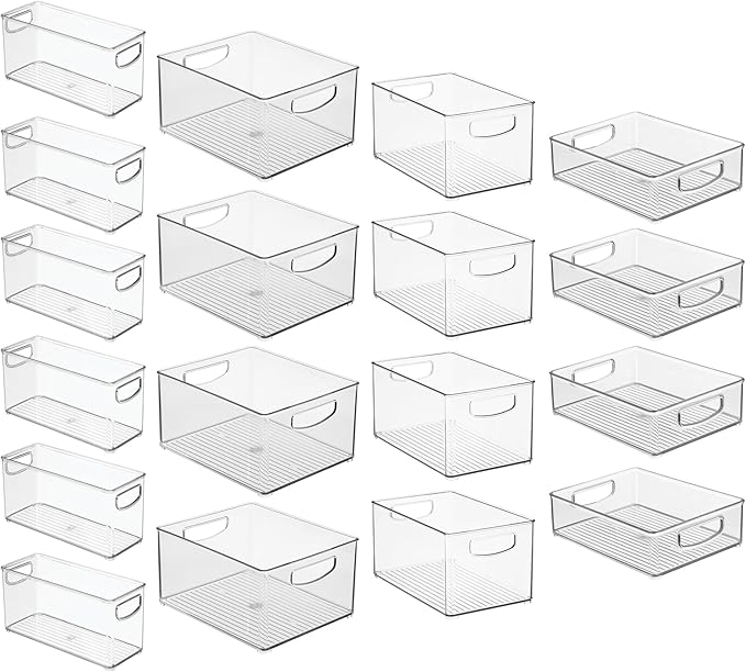 iDesign Stackable Plastic Handle Bin Assortment Set - Storage Organizers for Kitchen, Fridge, Pantry, Home -18 Pack, Clear