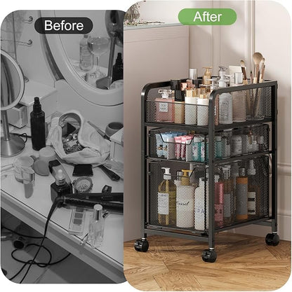 Hongtamoya Rolling Makeup Cart Organizer with 2 Drawers, Narrow Floor Skincare Organizers, Vanity Organizer Cosmetics Display Cases Holder for Skin Care Nail Polish Perfume Makeup Brush, Black