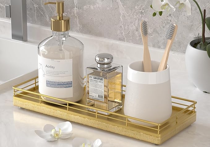 Bathroom Tray for Counter, Oak Wooden 11.2" L Decorative Vanity Tray for Dresser Tops, Kitchen Countertop Organizer, Gold Brushing