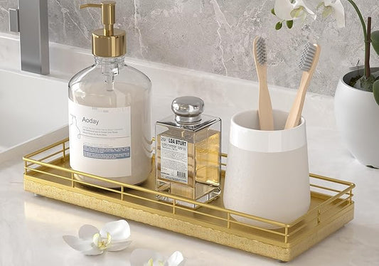 Bathroom Tray for Counter, Oak Wooden 11.2" L Decorative Vanity Tray for Dresser Tops, Kitchen Countertop Organizer, Gold Brushing