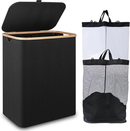 iEGrow 150L Laundry Basket with Lid,Large Laundry Hamper with Bamboo Handles, Hampers for Laundry, Dirty Clothes Hamper with 2 Removable Inner Bags for Clothes Towels,Black