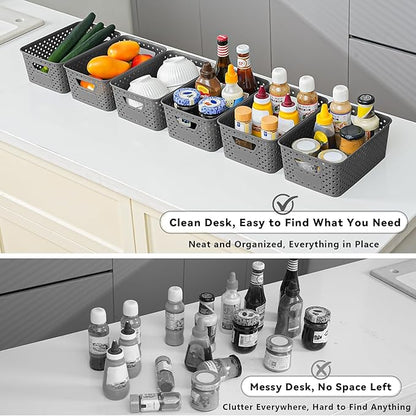 12 Pack Plastic Storage Baskets for Organizing, Storage Baskets for Shelves with Handles, Small Storage Bins with Labels, Organizer Baskets for Cabinet,Closet, Office,Gray