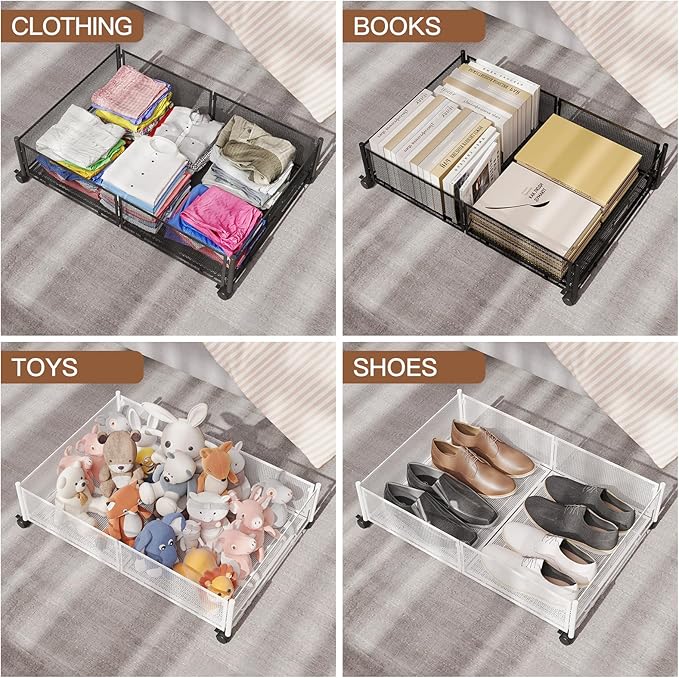 Gawerk Under Bed Storage with Wheels, Foldable Metal Mesh Underbed Storage Container Bins, Tool-free Assembly Clothes Drawer Organizer,2Pack