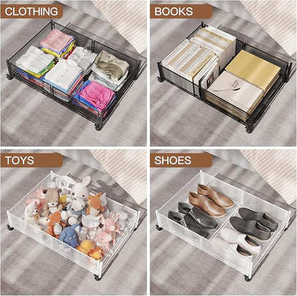 Gawerk Under Bed Storage with Wheels, Foldable Metal Mesh Underbed Storage Container Bins, Tool-free Assembly Clothes Drawer Organizer,2Pack