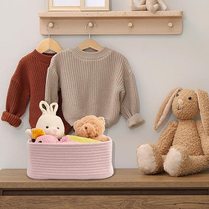 XUANGUO Small Woven Storage Baskets 12“X8”X5“ Decorative Rope Bins for Organizing Shelves, Closets, and Toys, Empty Gift Baskets, Cute Organizer Basket for Home and Office (pink, regular)