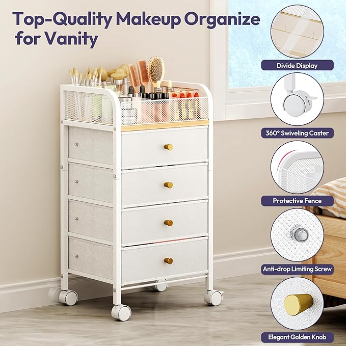 SWTYMIKI Rolling Makeup Organizer Cart - 14.96″*11.81″*27.55″ Widened Under Desk Vanity Storage with 4 Non-woven Drawers, Cosmetic Display Cases for Skin Care Perfume Nail Polish Brush Hair Tool White