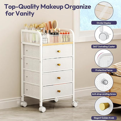 SWTYMIKI Rolling Makeup Organizer Cart - 14.96″*11.81″*27.55″ Widened Under Desk Vanity Storage with 4 Non-woven Drawers, Cosmetic Display Cases for Skin Care Perfume Nail Polish Brush Hair Tool White