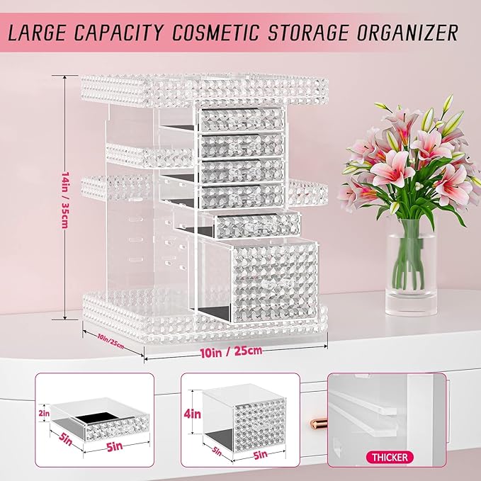 Rotating Makeup Organizer with 6 Drawers[New Updated],DIY Adjustable Make up Organizers and Storage Different Types of Cosmetics and Jewelry,Spinning Perfume Organizer (Plus Size-Clear)