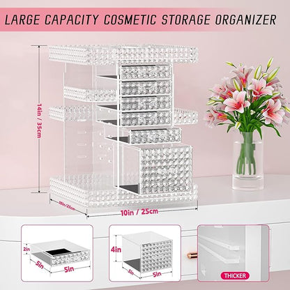 Rotating Makeup Organizer with 6 Drawers[New Updated],DIY Adjustable Make up Organizers and Storage Different Types of Cosmetics and Jewelry,Spinning Perfume Organizer (Plus Size-Clear)