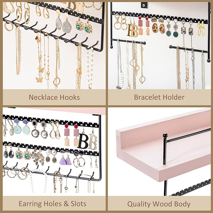 Lolalet Hanging Jewelry Organizer Wall Mount with Earrings Bracelets Necklaces Hooks, Easy Install Free Combination Holder for Wall Bathroom - Set of 2, Pink