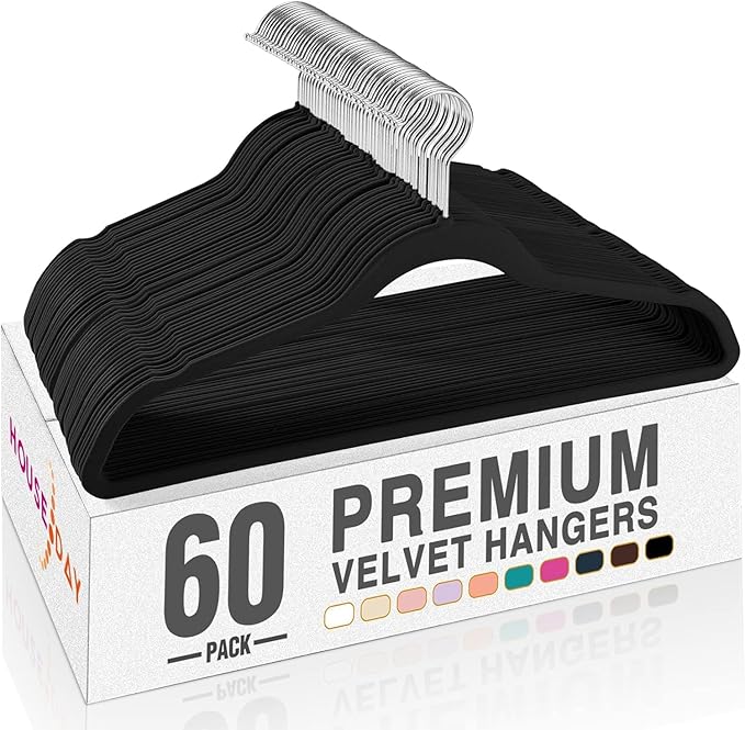 HOUSE DAY Black Velvet Hangers 60 Pack, Premium Clothes Non-Slip Felt Hangers, Velvet Skirt Hangers 24 Pack, Black Velvet Hangers with Adjustable Clips