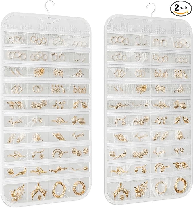 2-Pack Hanging Jewelry Organizer 80-Pocket Dual-sided Jewelry Storage for Jewelry Earring Necklace Bracelet Ring Storage Travel Holder, White