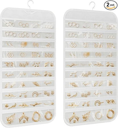 2-Pack Hanging Jewelry Organizer 80-Pocket Dual-sided Jewelry Storage for Jewelry Earring Necklace Bracelet Ring Storage Travel Holder, White