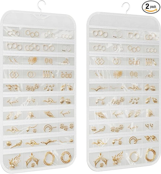 2-Pack Hanging Jewelry Organizer 80-Pocket Dual-sided Jewelry Storage for Jewelry Earring Necklace Bracelet Ring Storage Travel Holder, White