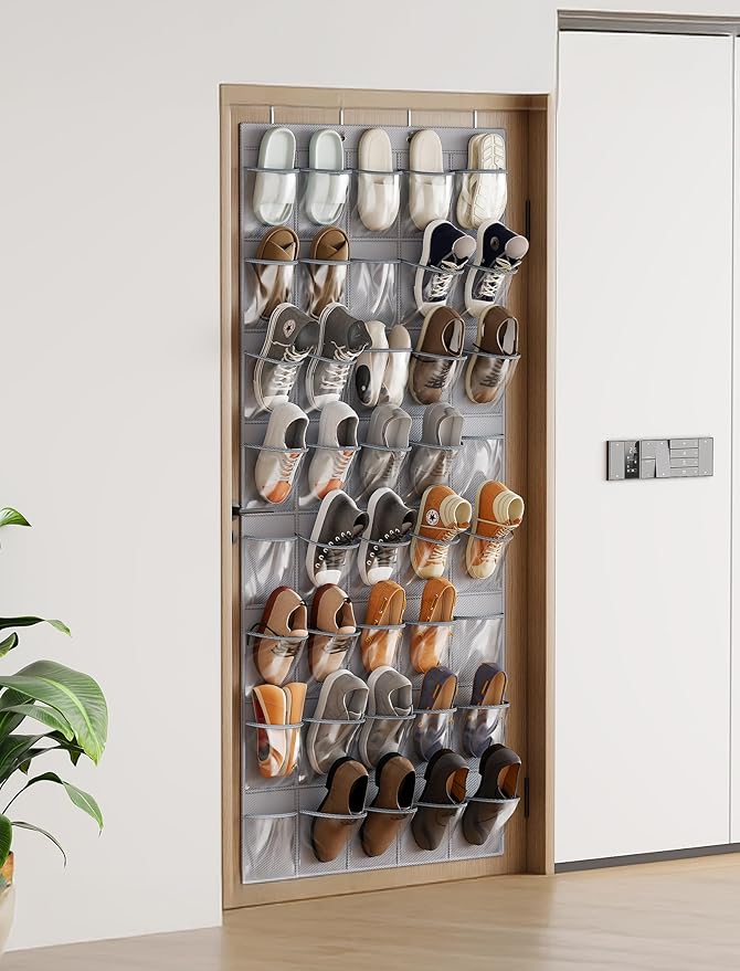 NiHome Over the Door Shoe Organizer with 40 Clear Pockets, Hanging Closet Storage Rack for 20+ Pairs of Shoes, Waterproof PVC Space-Saving Headphone & Cell Phone Holder for Classroom Dorm, Laundry