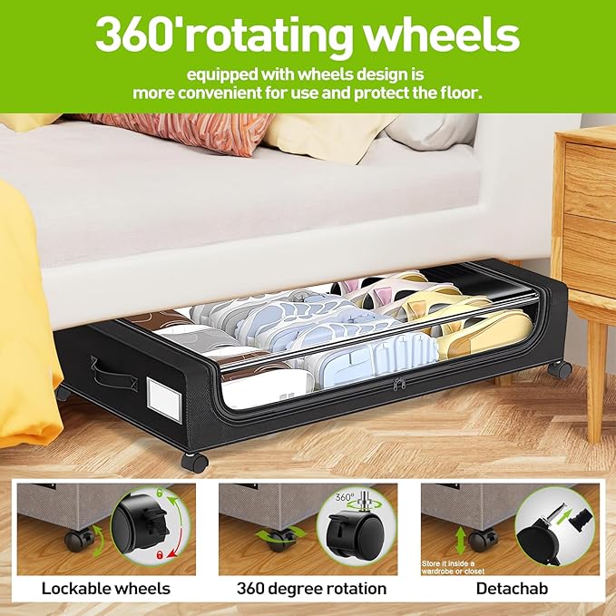 APSARAS USA Under Bed Storage with Wheels, Underbed Storage with Wheels and Clear Window, Rolling Drawers & Bins for Shoes Clothes in Dorm Bedroom, Easy Pull-out Black 2-Pack- Space-Saving