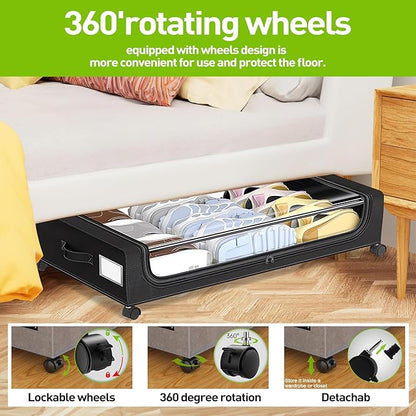 APSARAS USA Under Bed Storage with Wheels, Underbed Storage with Wheels and Clear Window, Rolling Drawers & Bins for Shoes Clothes in Dorm Bedroom, Easy Pull-out Black 2-Pack- Space-Saving