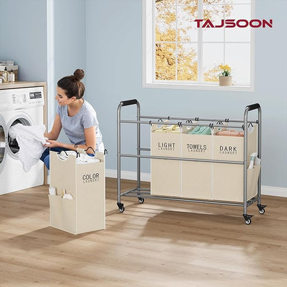 Tajsoon 4 Bag Laundry Sorter Cart, 4 Section Laundry Hamper Sorter with Heavy Duty Lockable Rolling Wheels, Laundry Separator Hamper with Removable Bags for Dirty Clothes Storage, Beige