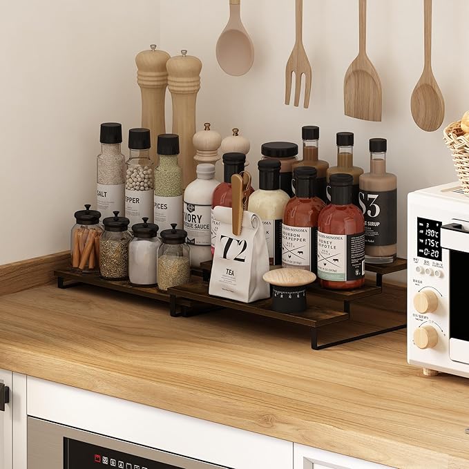 Furinno RAVEL Kitchen Countertop Organizer Set of 2, 3-Tier Counter Shelves, Kitchen Storage, Expandable, Spice Rack, for Pantry, Coffee Bar, Amber Pine