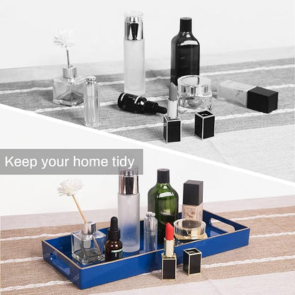 MAONAME Royal Blue Vanity Tray Set of 2, Plastic Decorative Tray with Handles, Long Narrow Trays, Rectangular Bathroom Trays for Toilet Tank, 13.8" X 6" X 1.57"