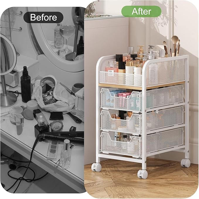 Hongtamoya Rolling Makeup Cart Organizer with 3 Drawers, Narrow Floor Skincare Organizers, Cosmetics Display Cases Vanity Organizer for Skin Care Nail Polish Perfume Makeup Brush, White