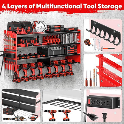 POKIPO Large Power Tool Organizer Wall Mount with Charging Station,4 Layer Heavy Duty Metal Tool Storage Shelf Loads 600lbs,Battery Utility Rack With 4 Outlet Power Strip with 8 Cordless Drill Holder