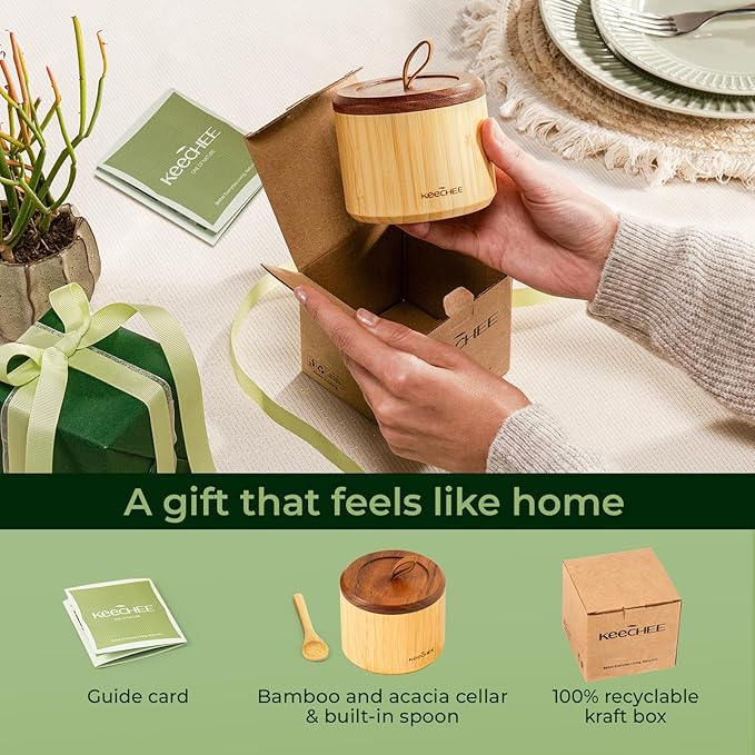 keechee Bamboo Salt Cellar with Acacia Lid & Spoon, 7oz Capacity with Built-In Spoon Slot & Labels, Two-Tone Countertop Seasoning Container (Dual Compartment (Divided) - 1 Pack)