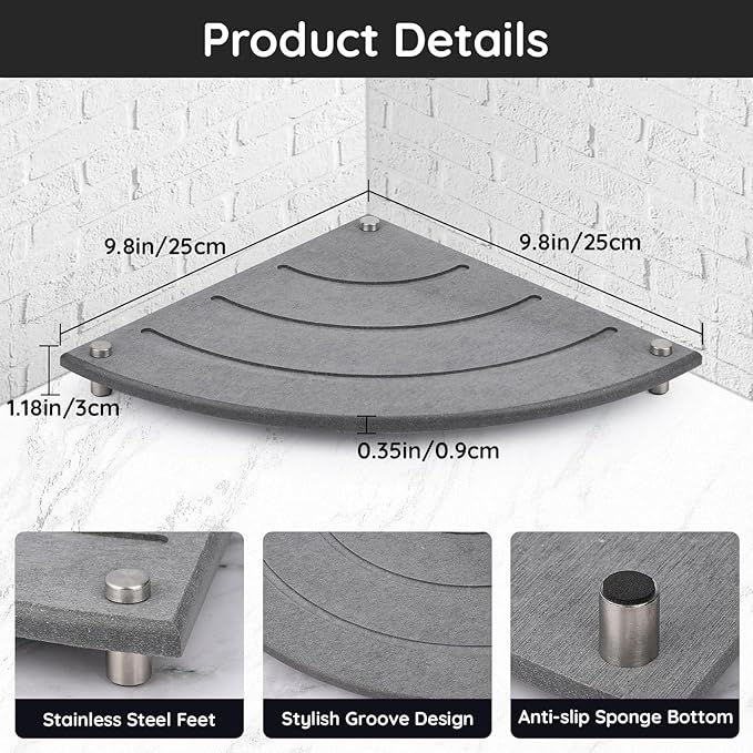 Segbeauty Diatomaceous Earth Tray, 9.85in Instant Dry Stone Drying Tray for Bathroom Counter Corner, Water Absorbing Corner Countertop Organizer Corner Counter Shelf Soap Sponge Dispenser Holder