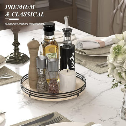 Italian Natural Travertine Lazy Susan Turntable for Table Top – 10” Round Marble Tray Organizer for Bathroom, Vanity, Dining Table, Kitchen Countertop & Bar, Luxury Stone Serving Tray with Black Frame