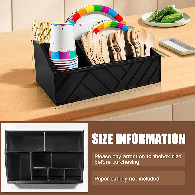 Paper Plate Dispenser with 6 Compartments – Wooden Utensil & Silverware Caddy Holder for Party, BBQ, Camping – Disposable Cutlery Organizer for Kitchen Countertop or Buffet Station, Black