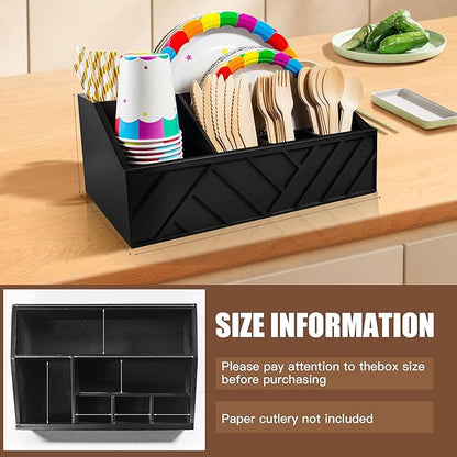 Paper Plate Dispenser with 6 Compartments – Wooden Utensil & Silverware Caddy Holder for Party, BBQ, Camping – Disposable Cutlery Organizer for Kitchen Countertop or Buffet Station, Black
