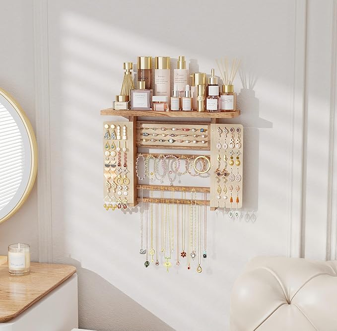 Emfogo Jewelry Organizer Hanging Wall Mounted Jewelry Holder, 5-in-1 Large Capacity Necklace Organizer Display for Ring, Necklaces, Bracelets, Earrings (Rustic Wood)