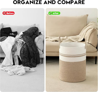 Laundry Basket Hamper Tall Rope Storage Woven for Blanket toys Dirty Clothes in Living Room Bathroom Bedroom (Brown&White, 100L/26.4Gal)