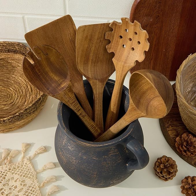 MIYUKI Rustic Kitchen Utensil Holder - 7.6 Inch Ceramic Utensil Crock for Countertop, Vintage Kitchen Counter Decor