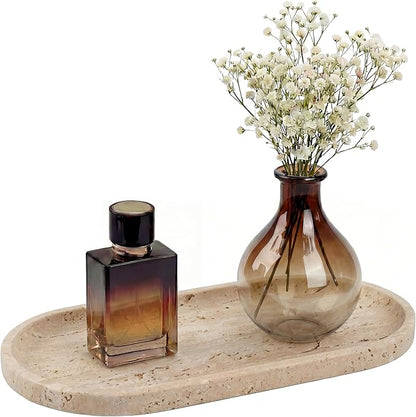 YKAJO Oval Real Marble Tray for Bathroom Kitchen Counter Stone Decorative Vanity Tray for Dresser Perfume Heavy Catchall Organizer for Soap Jewelry (Natural Travertine Beige, 11.8" x 5.9")