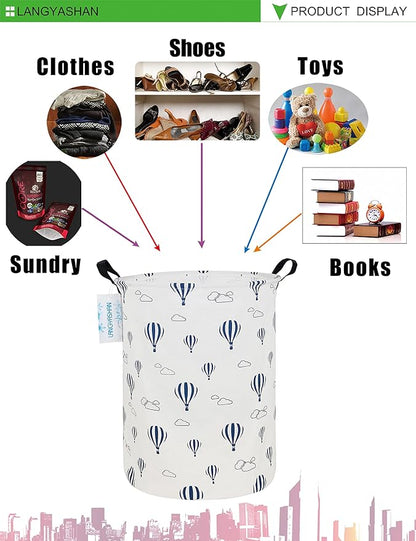 Laundry Basket Canvas Fabric Collapsible Organizer Basket for Storage Bin Toy Bins Gift Baskets Bedroom Clothes Children Nursery Hamper (Round Blue Balloon)