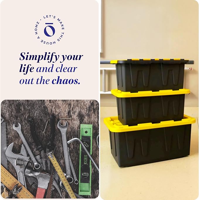HOMZ 2-Pack Durabilt, Heavy Duty Plastic Storage Bins with Lids, 27 Gallon, Black/Yellow - Stackable Container Boxes for Home, Attic, and Garage Organization