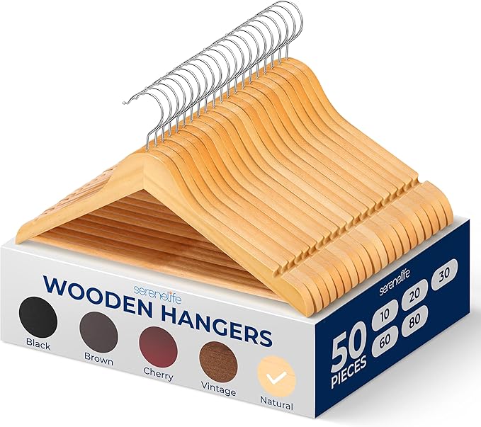 SereneLife Solid Wooden Hangers, Mega Pack, 50 Pieces Hangers for Clothes, Heavy Duty Suit Hanger Set with Chrome 360 Degree Swivel Hook, Notched Design, Natural Wood Color